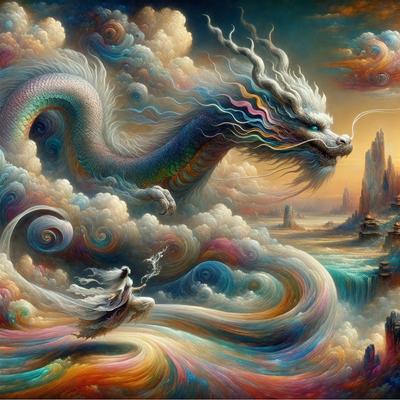The primary subject of the image is a dragon, which is depicted in a vibrant and colorful manner. The dragon is surrounded by a cloudy sky, and it appears to be flying or swimming in the air. The setting is a fantastical and imaginative world, with the dragon as the central focus. The visual style of the image is a combination of digital art and illustration, creating a dynamic and engaging scene. The colors and mood of the image are lively and energetic, with a sense of wonder and adventure.